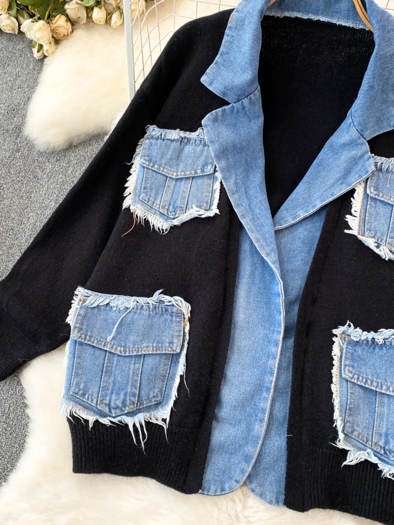Raw Hem Denim Pocket Patchwork Cardigan