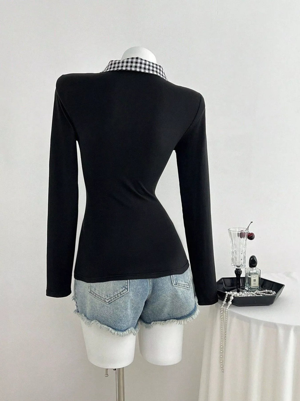 Gingham Collar Long Sleeve T-Shirt