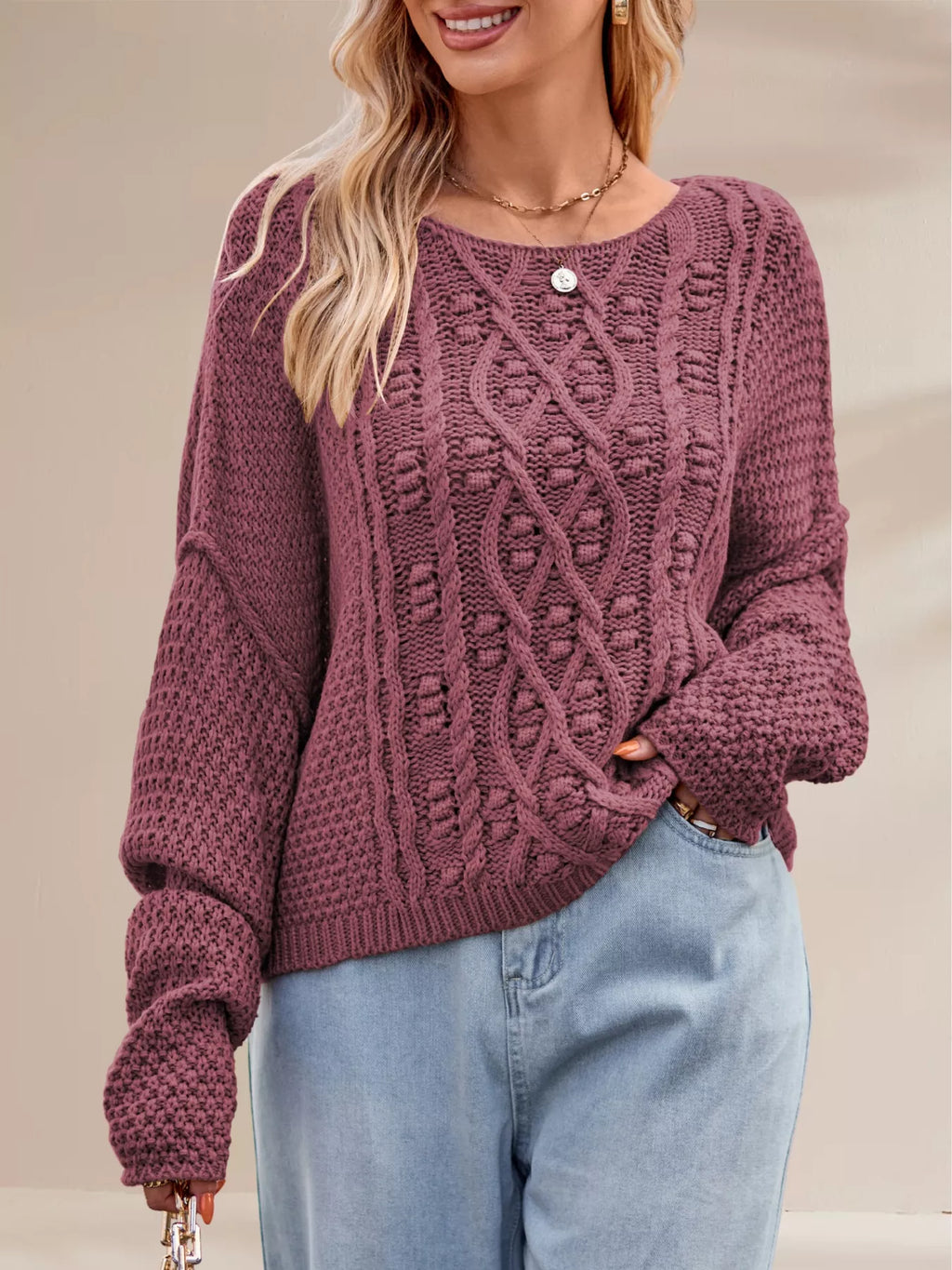 Textured Knit Round Neck Sweater