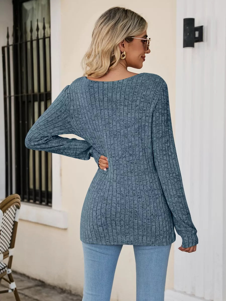 Ribbed Square Neck Long Sleeve T-Shirt