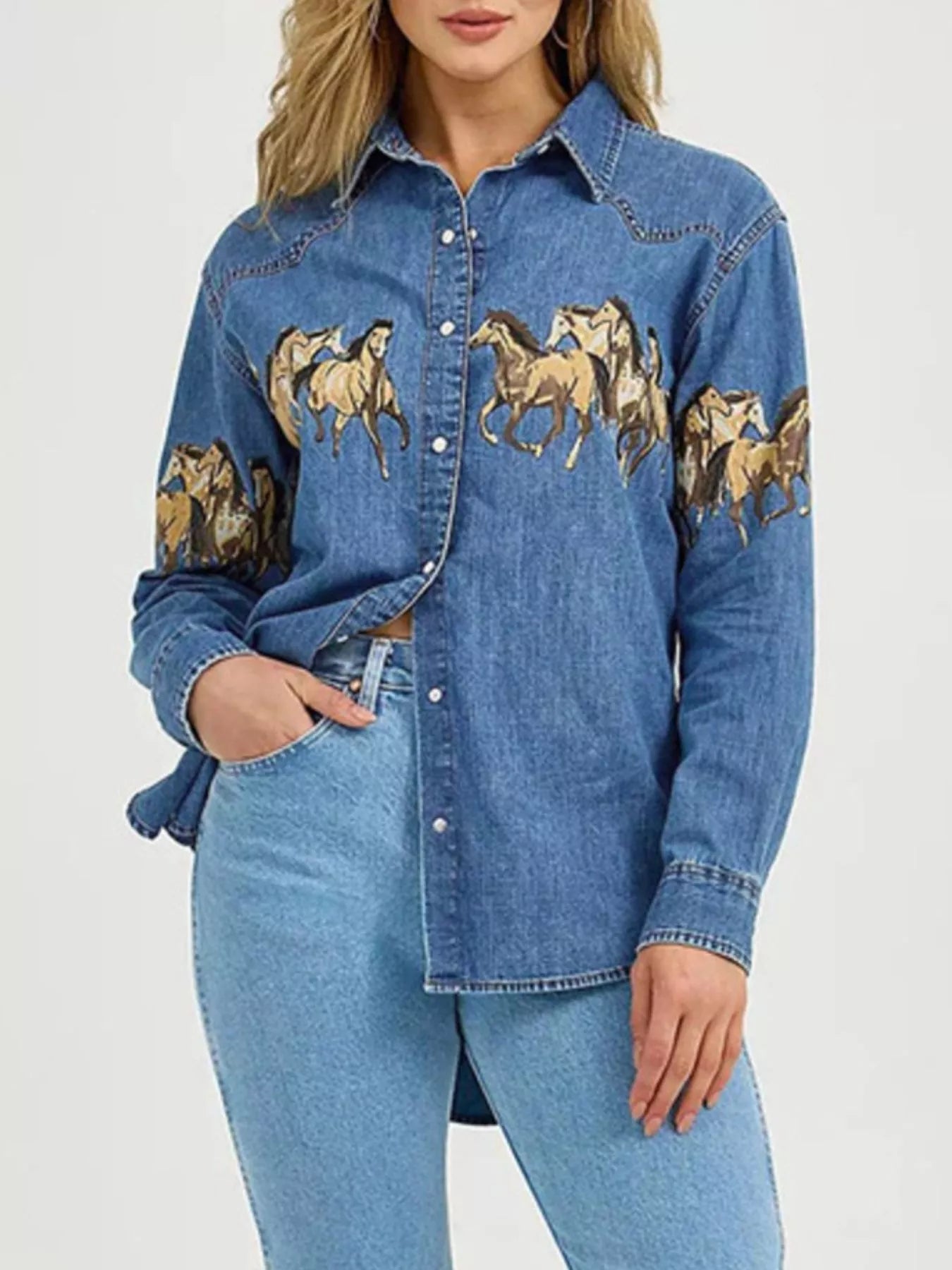 Horse Print Long Sleeve Denim Shirt