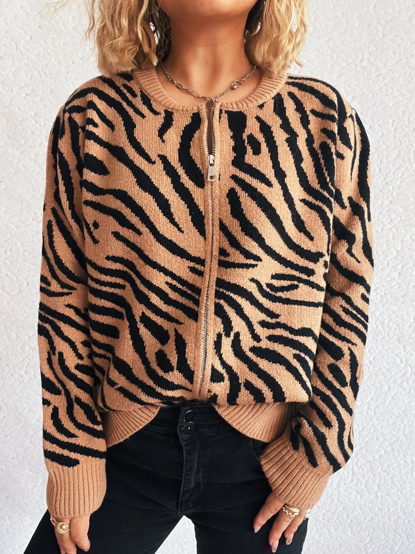 Zebra Print Zip Up Cardigan
