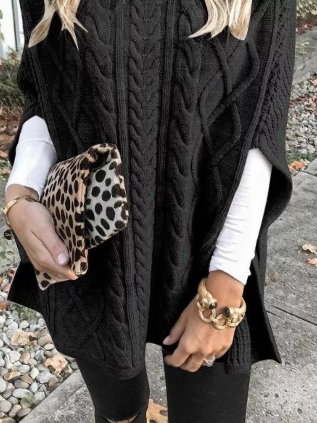 Chunky Cable Knit Turtleneck Poncho Cover Up