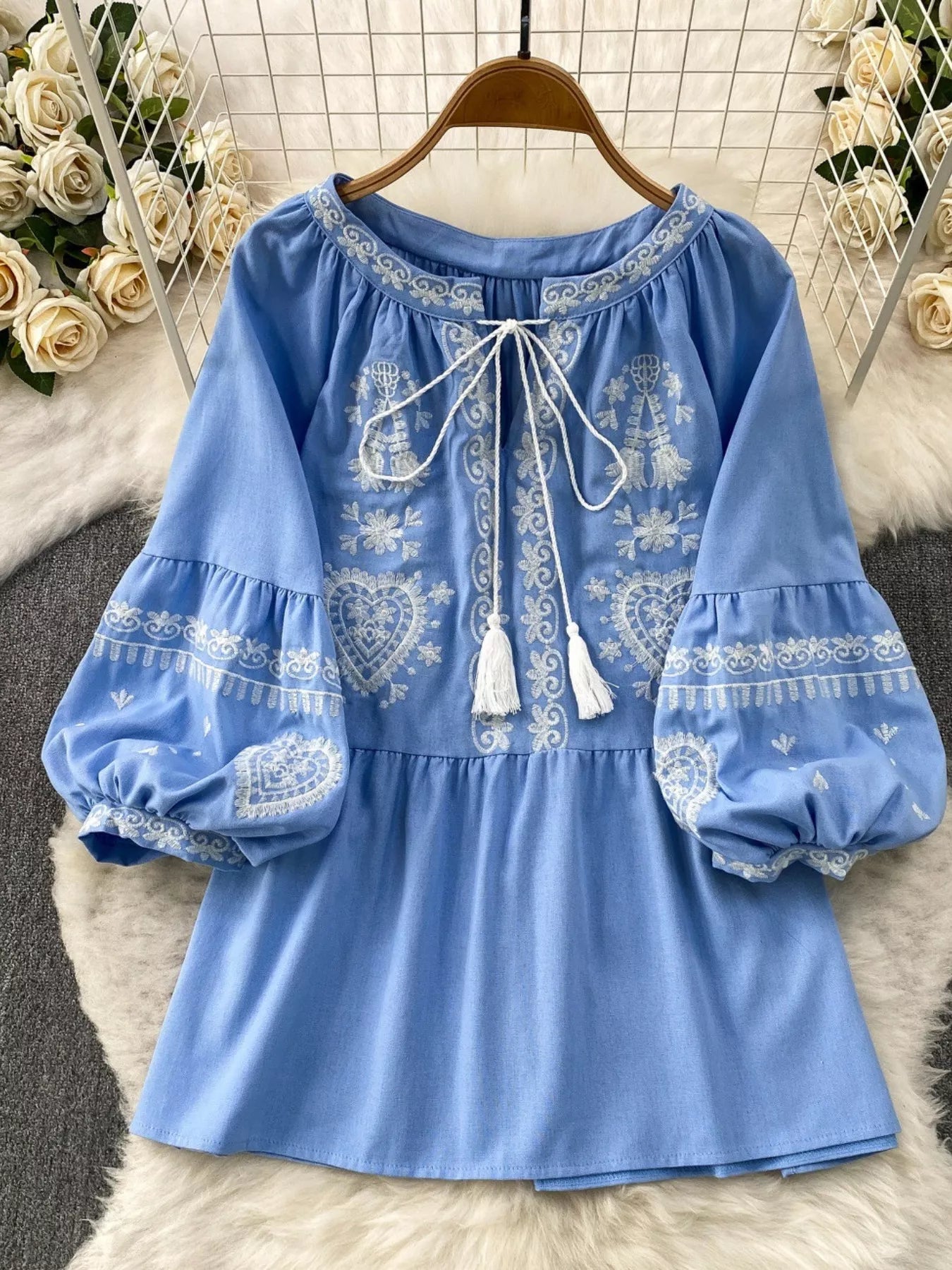 Embroidered Tie Neck Blouse