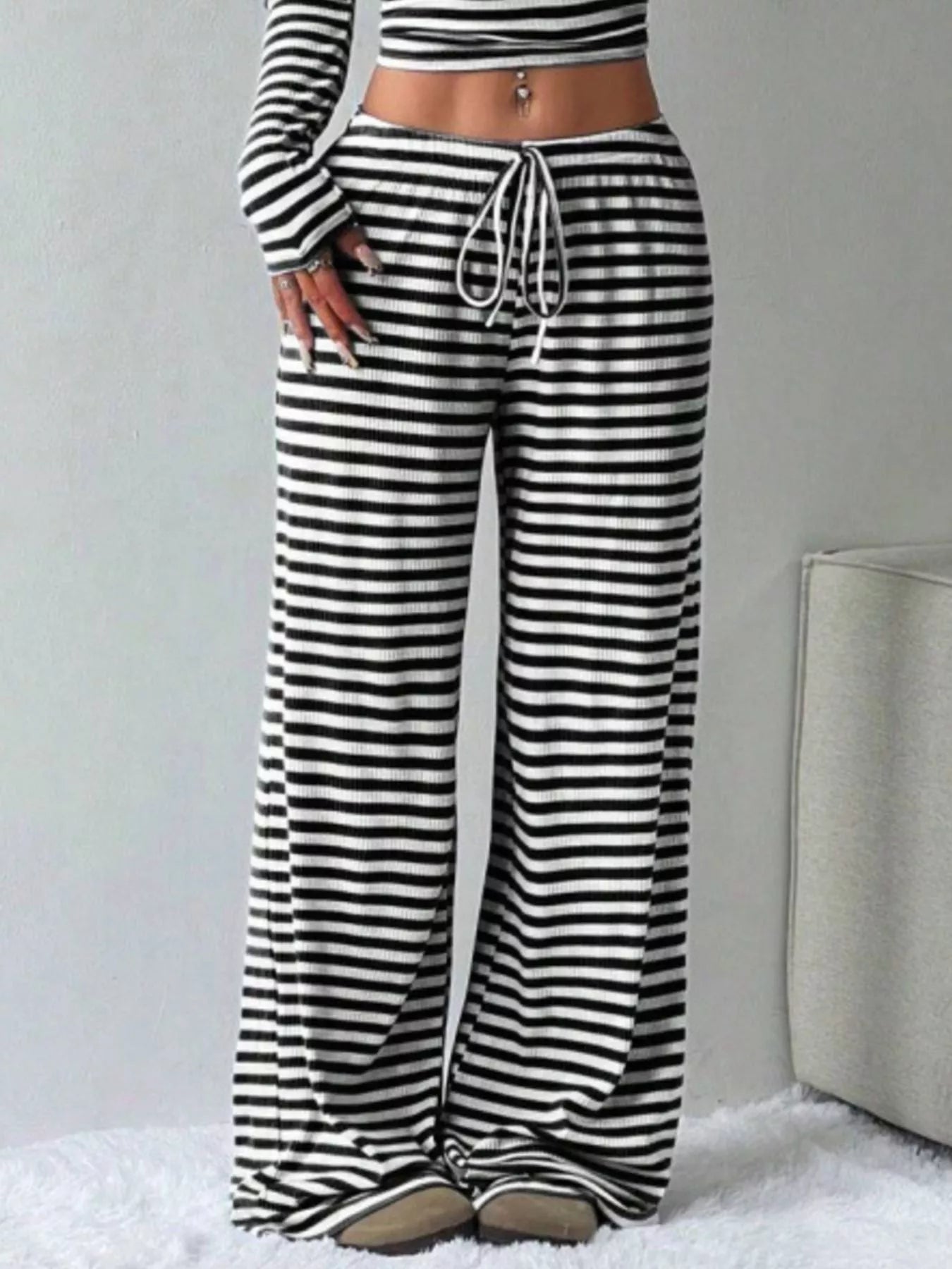 Striped Long Sleeve Crop Top and Wide Leg Pants Set