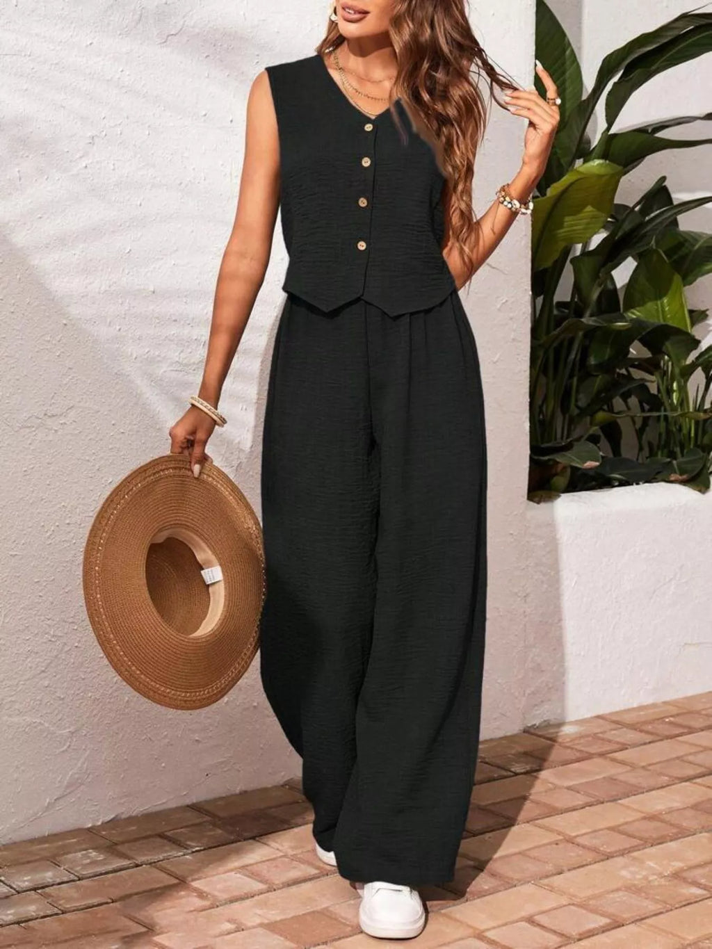 Button-Down Vest & Wide Leg Pants Set