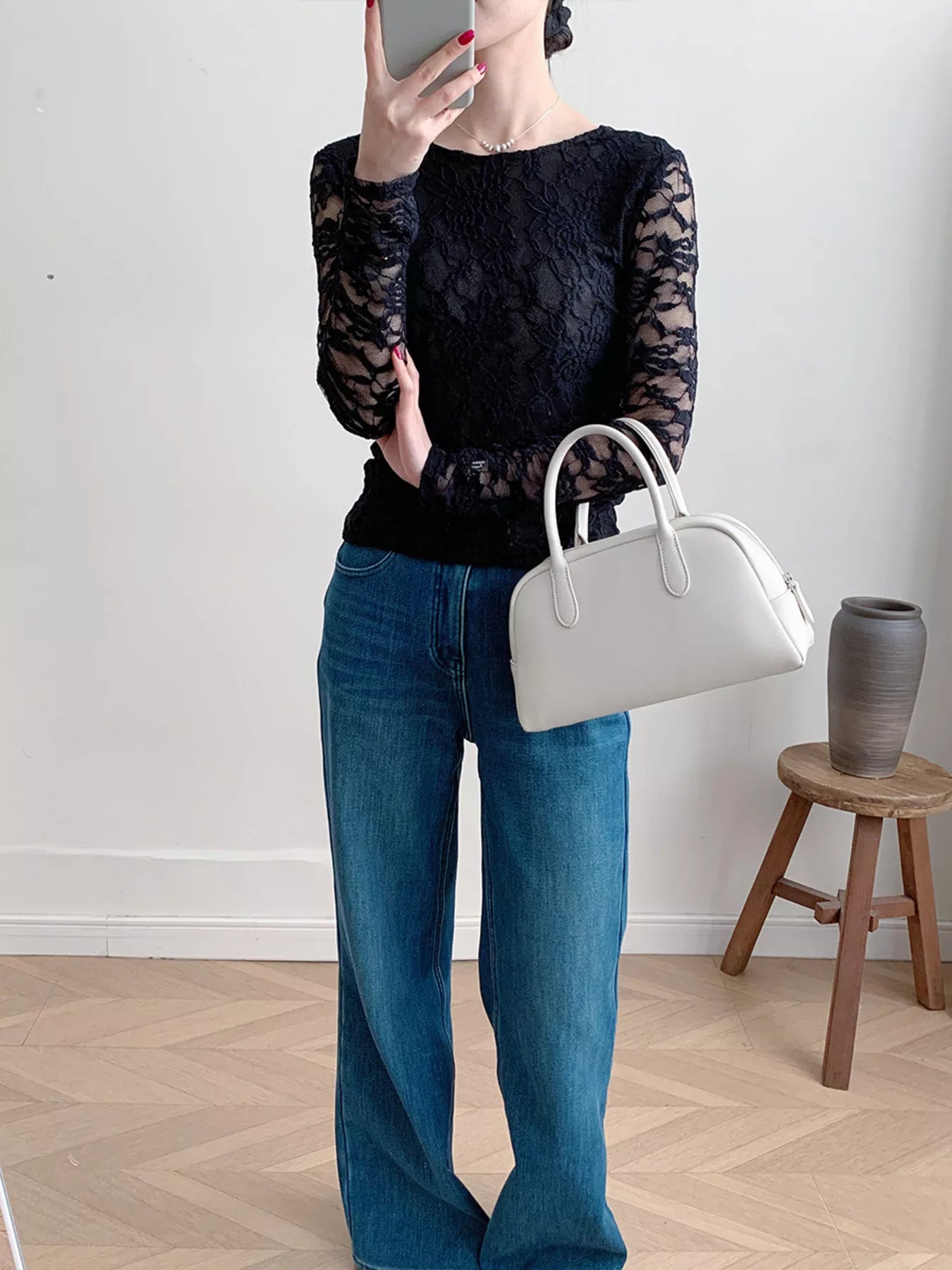 Lace Round Neck Long Sleeve Top