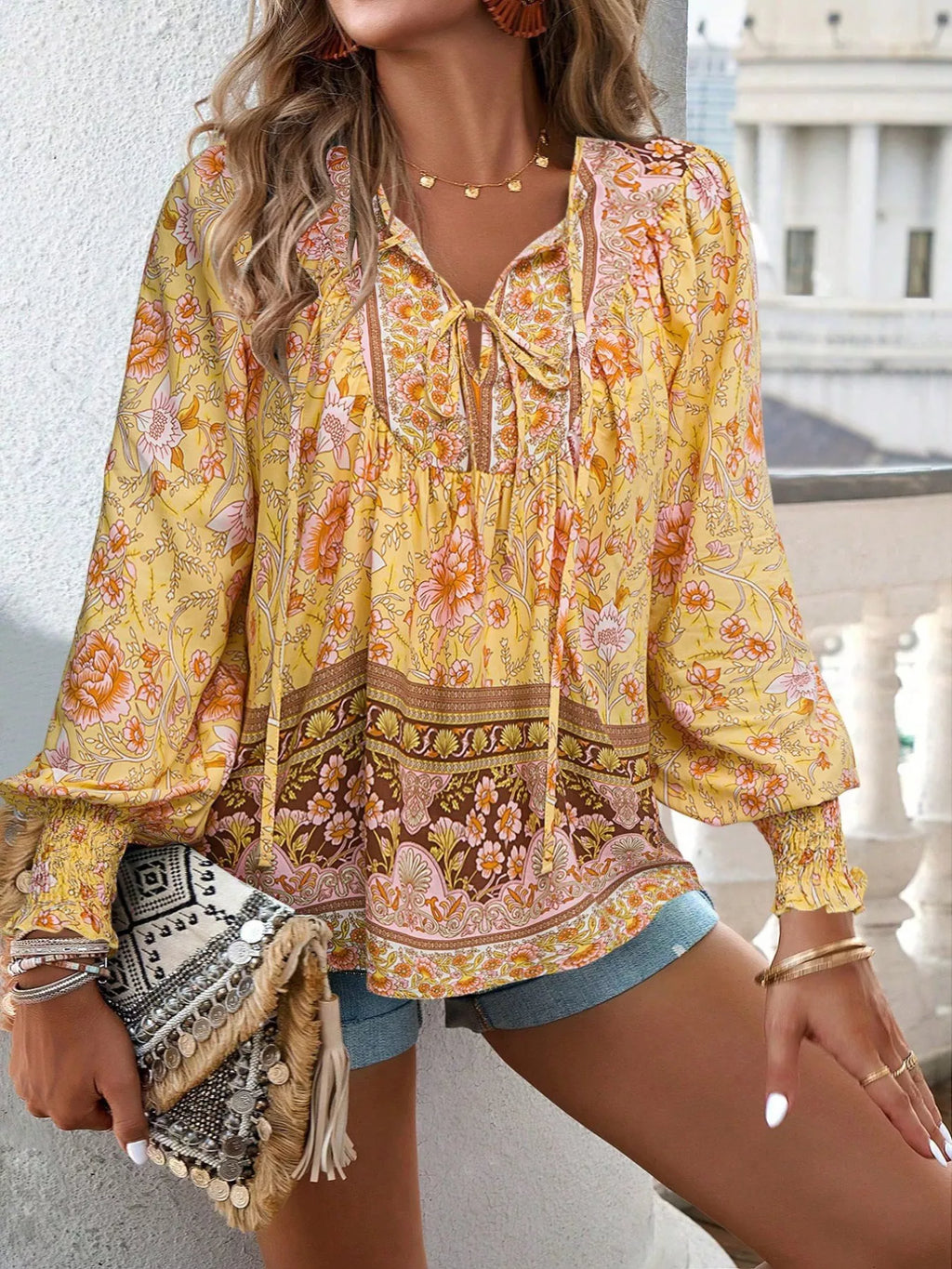 Floral Print Tie Neck Bohemian Blouse