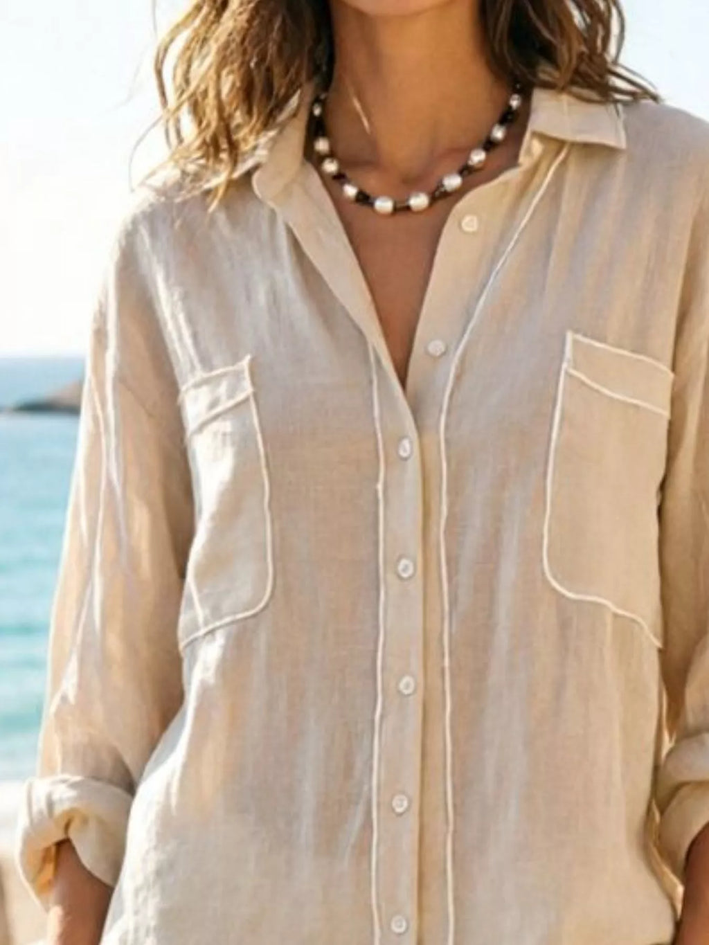 Contrast Trim Button Up Long Sleeve Shirt