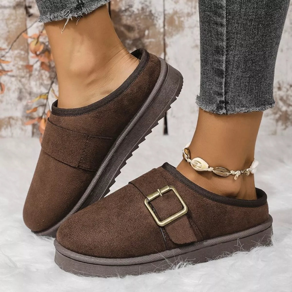 Buckle Decor Plush Lined Warm Slippers