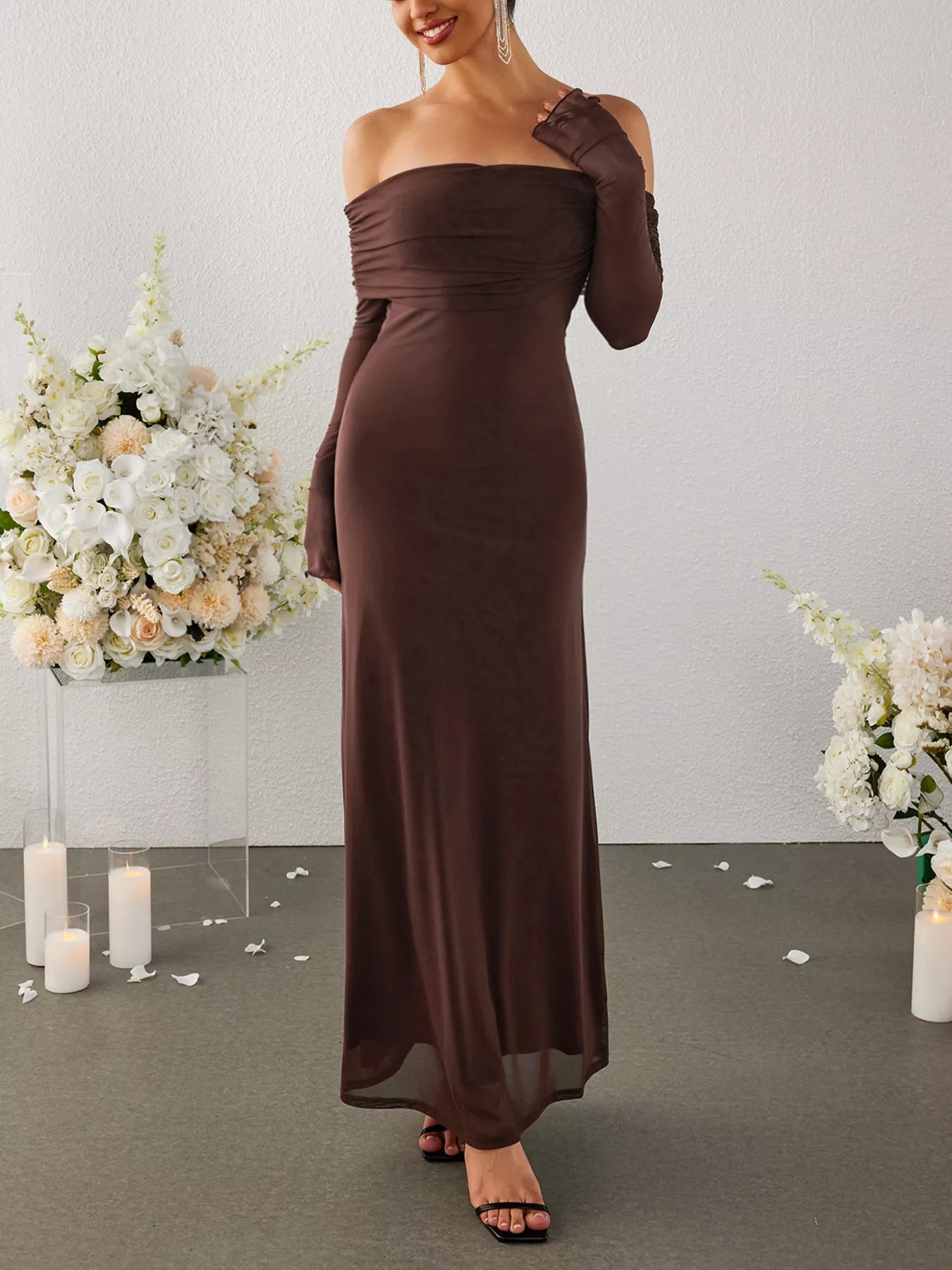 Off-Shoulder Ruched Long Sleeve Maxi Dress