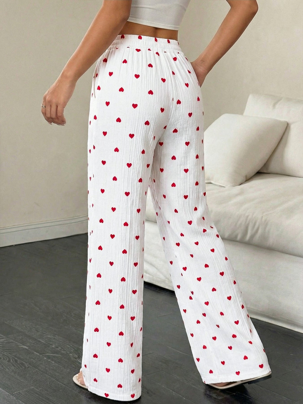 Heart Print Drawstring Waist Wide Leg Pants
