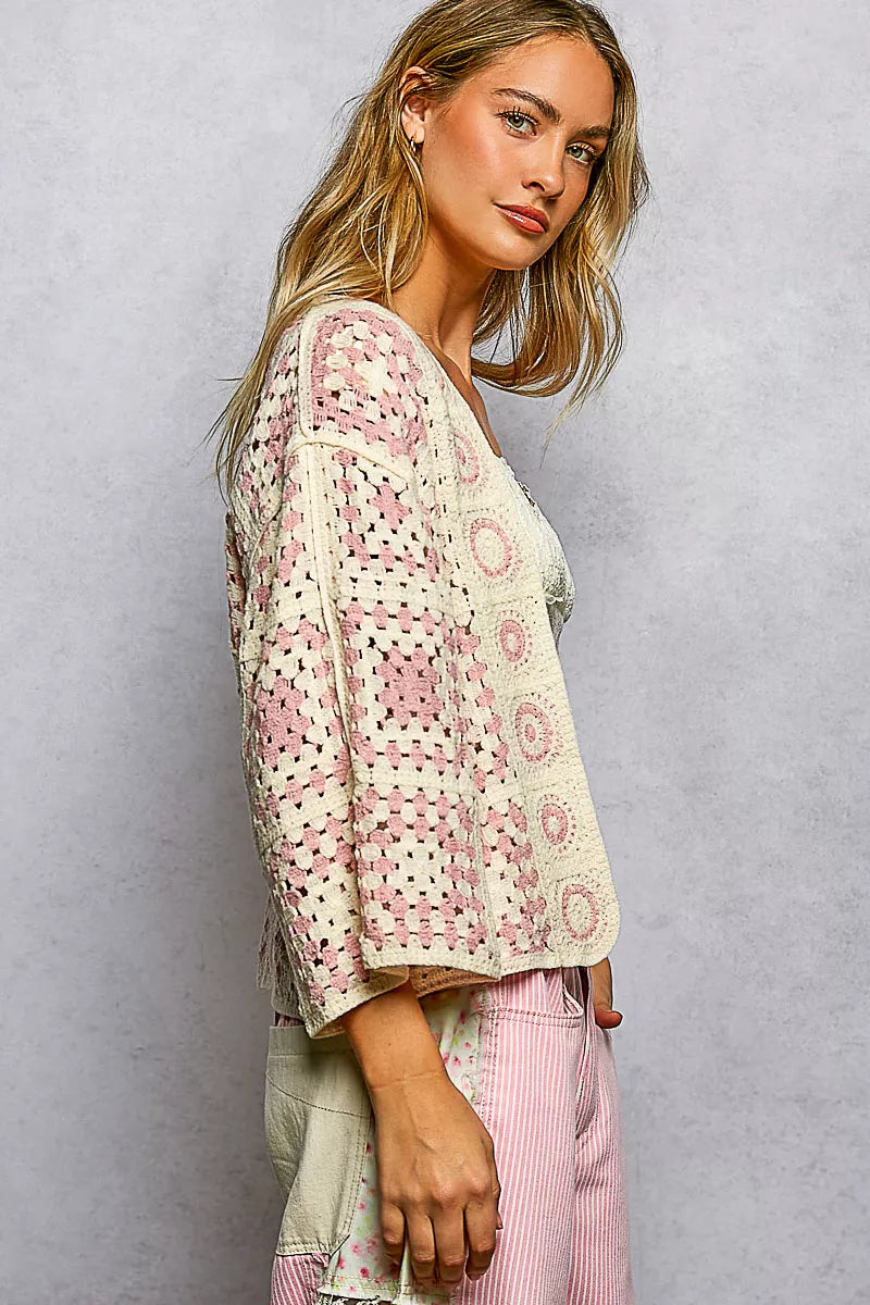 POL Open Front Crochet Cardigan with Granny Square Pattern
