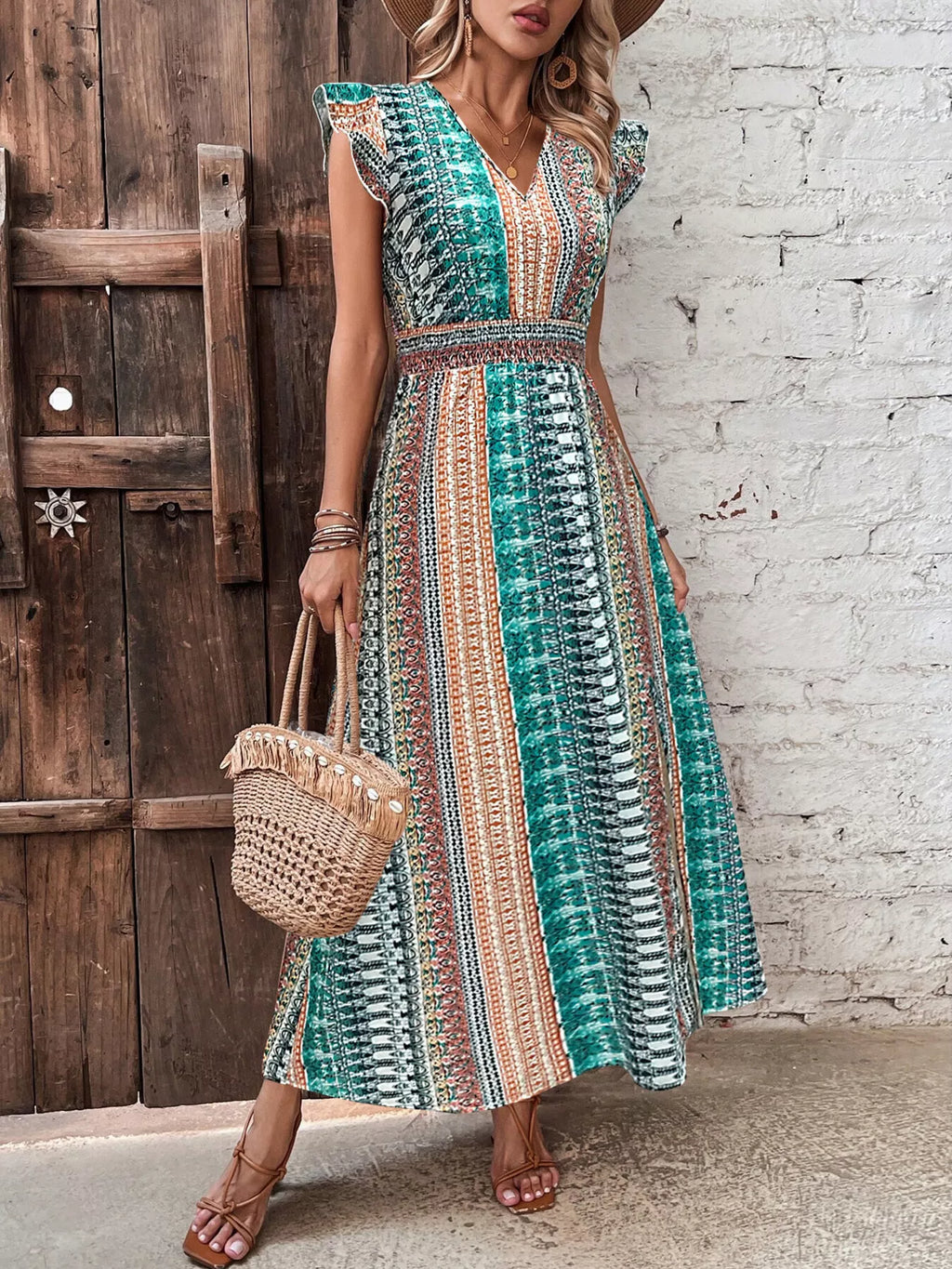 Boho Print Ruffle Sleeve Slit Dress