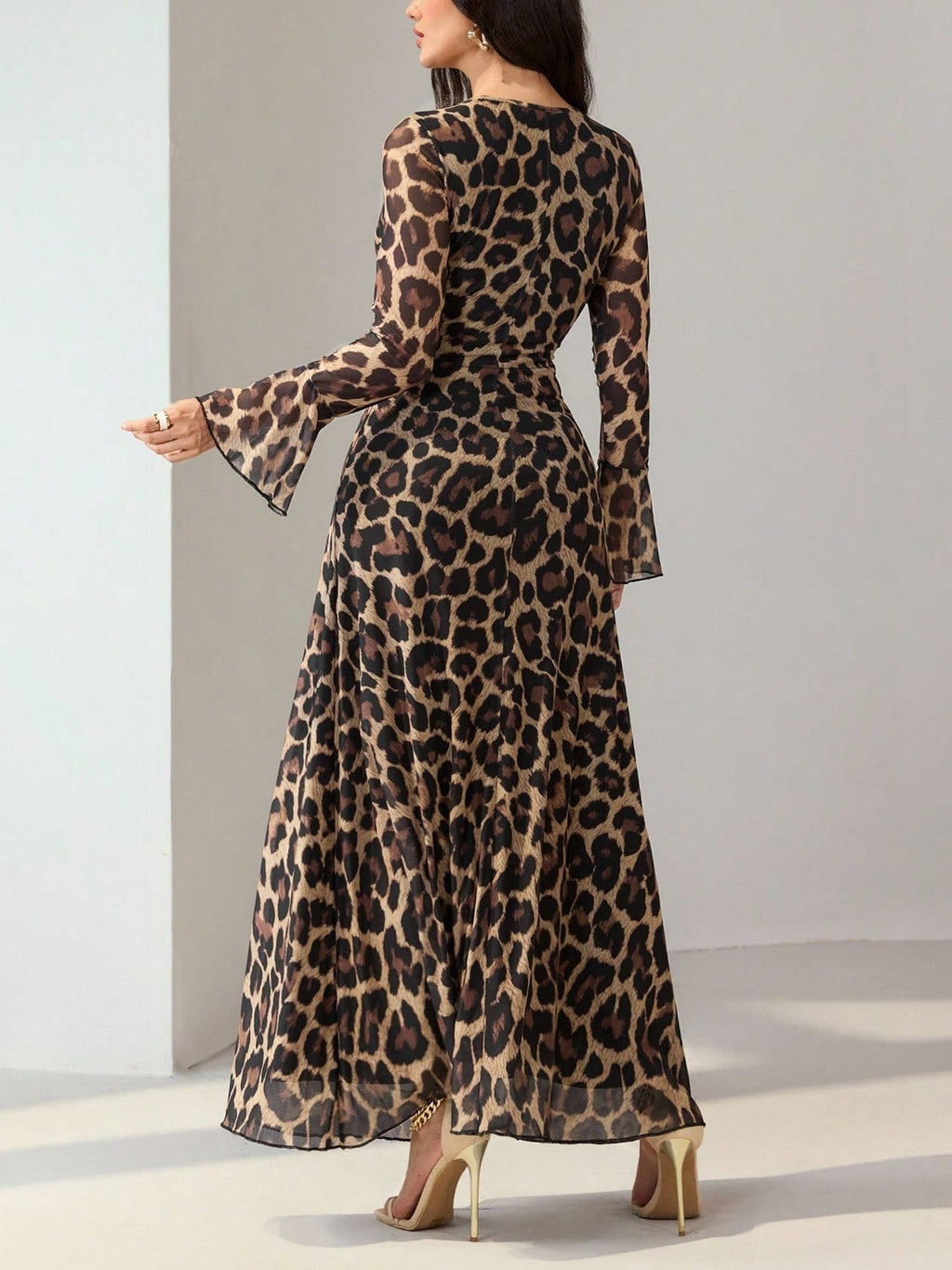 Leopard Print Flare Sleeve Maxi Dress