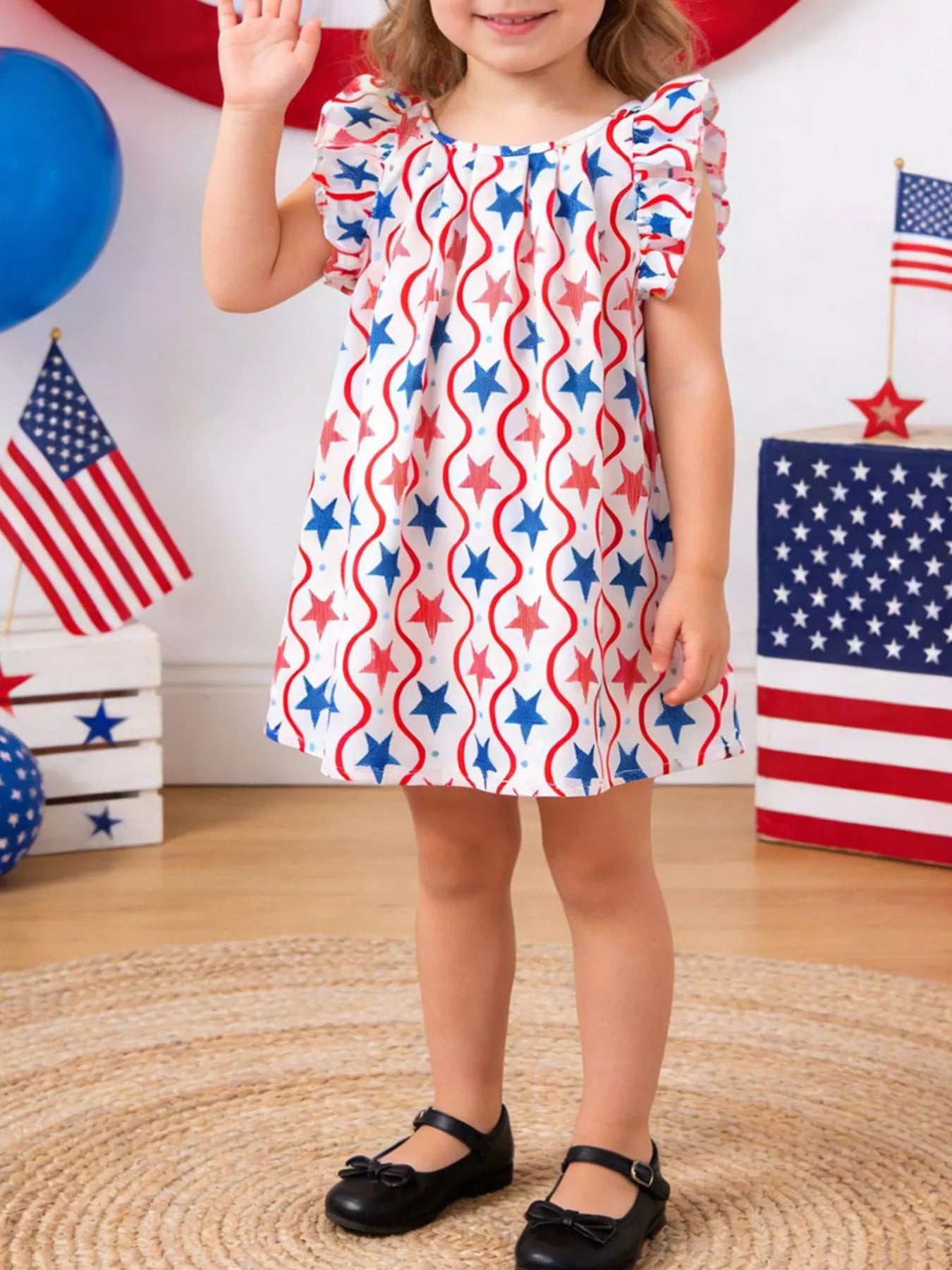 Children's Patriotic Star Print Ruffle Sleeve Dress