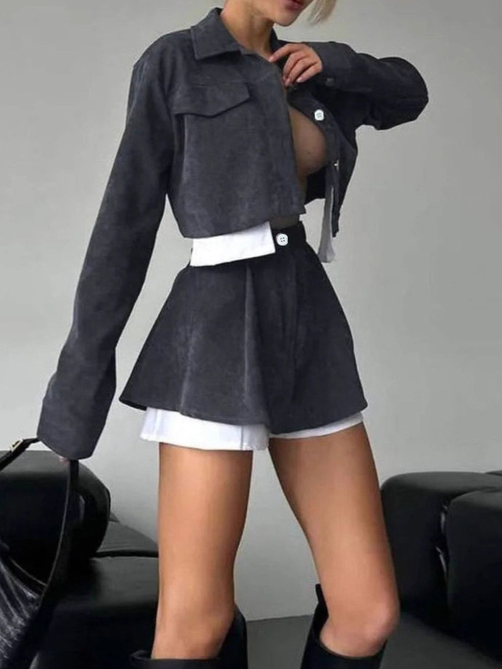 Button Up Cropped Jacket & Skirt Set