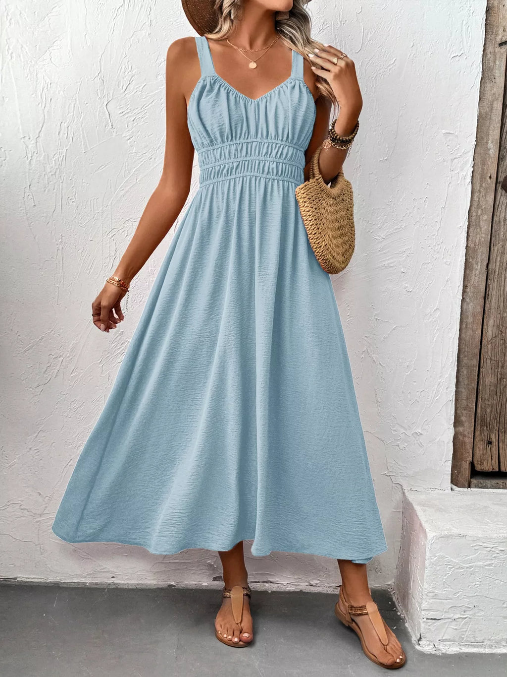 Sleeveless Smocked Casual Midi Dress