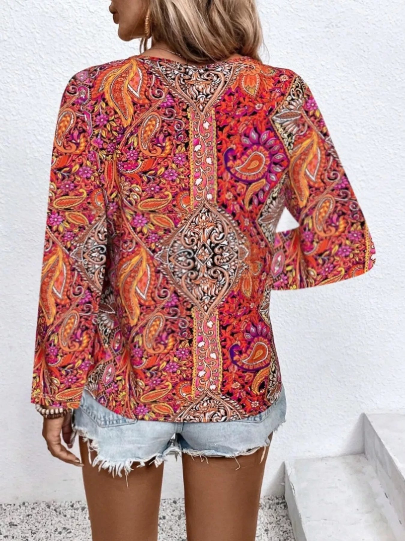 Paisley Print V-Neck Long Sleeve Blouse