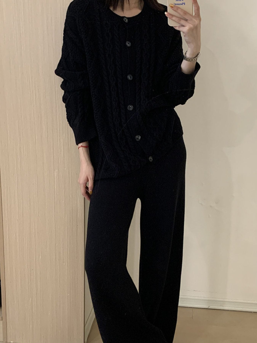 Cable Knit Cardigan & Wide Leg Pants Sweater Set