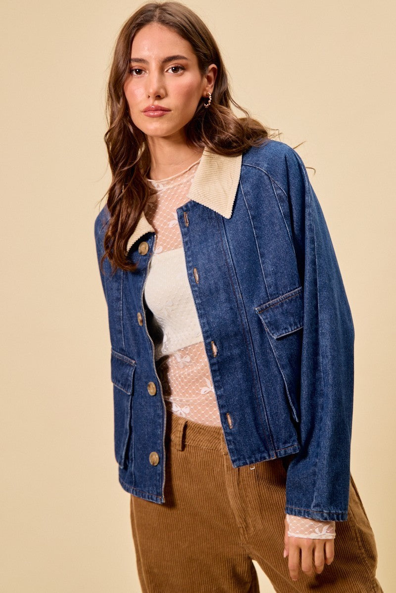 SO ME Zip Up And Buttoned Denim Jacket