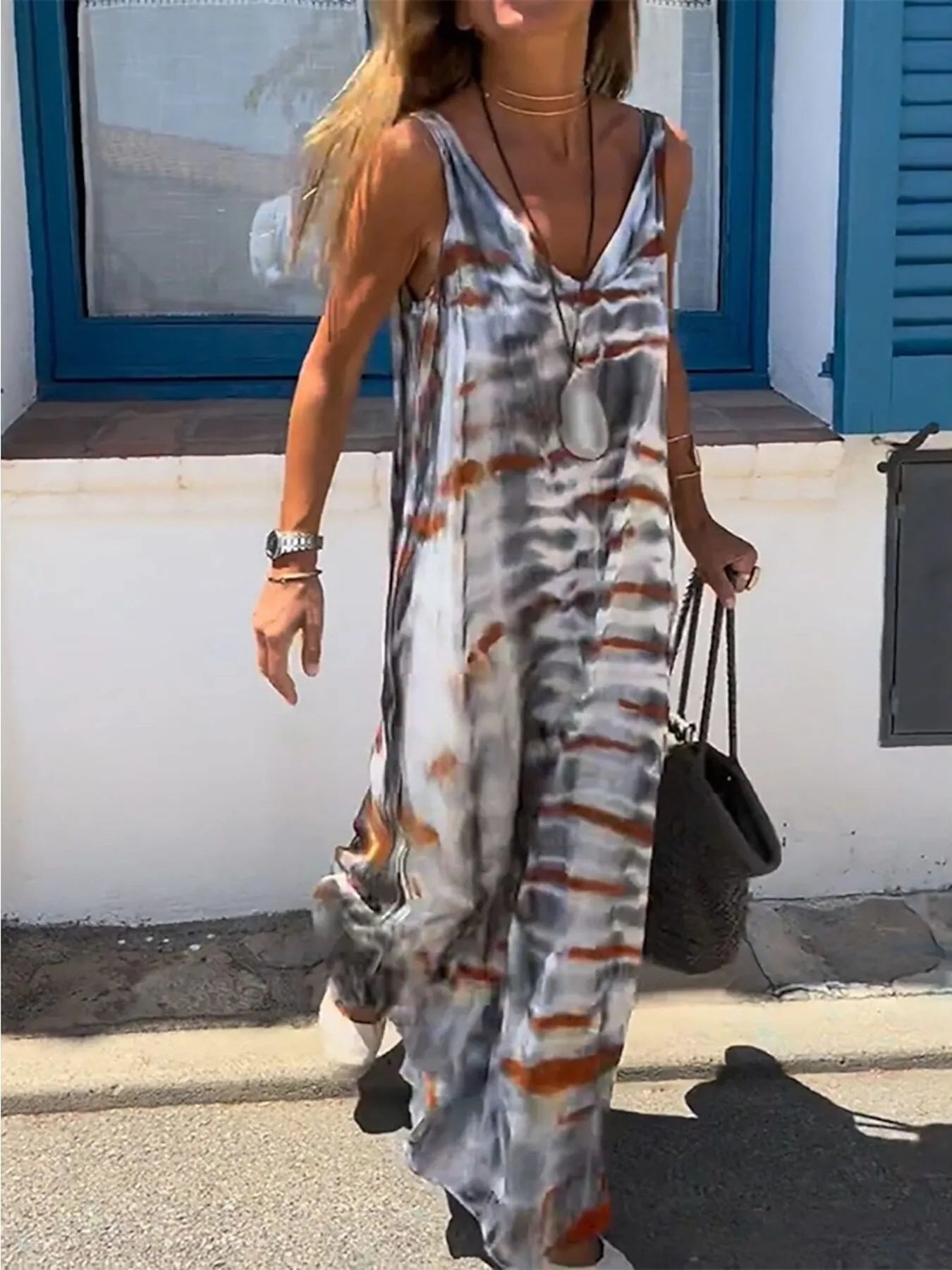 Tie-Dye V-Neck Maxi Cami Dress