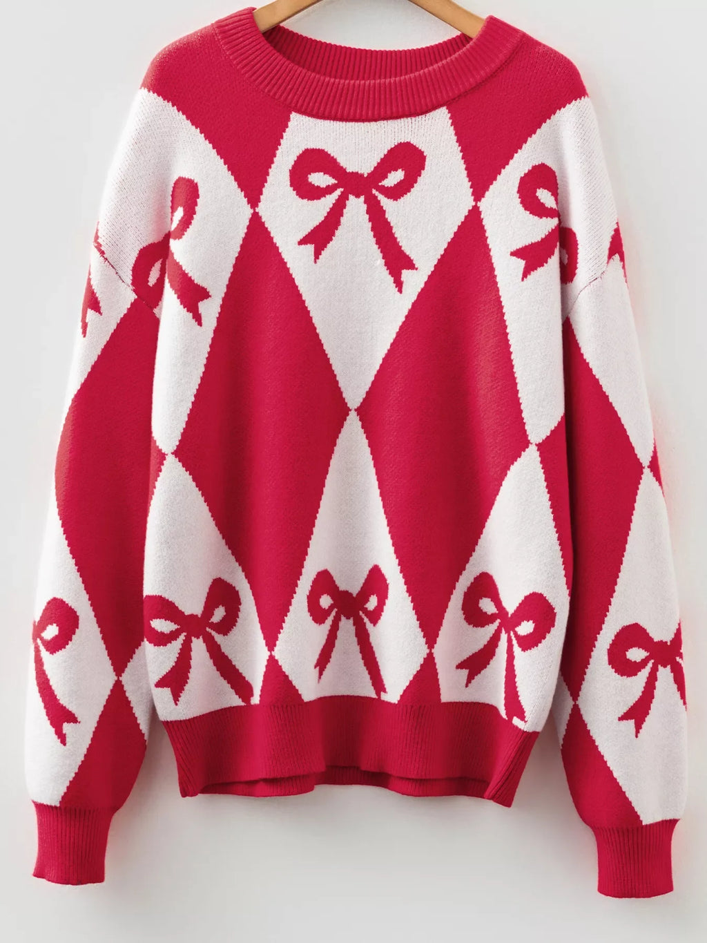 Bow Print 2-Tone Rhombus Knit Loose Sweater