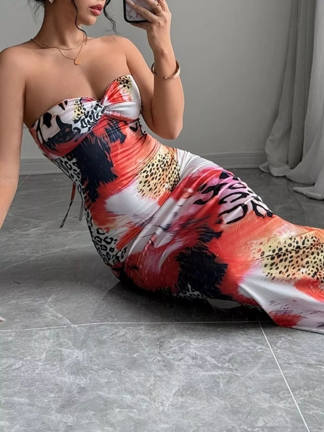 Abstract Print Bodycon Sweetheart Neck Tube Maxi Dress