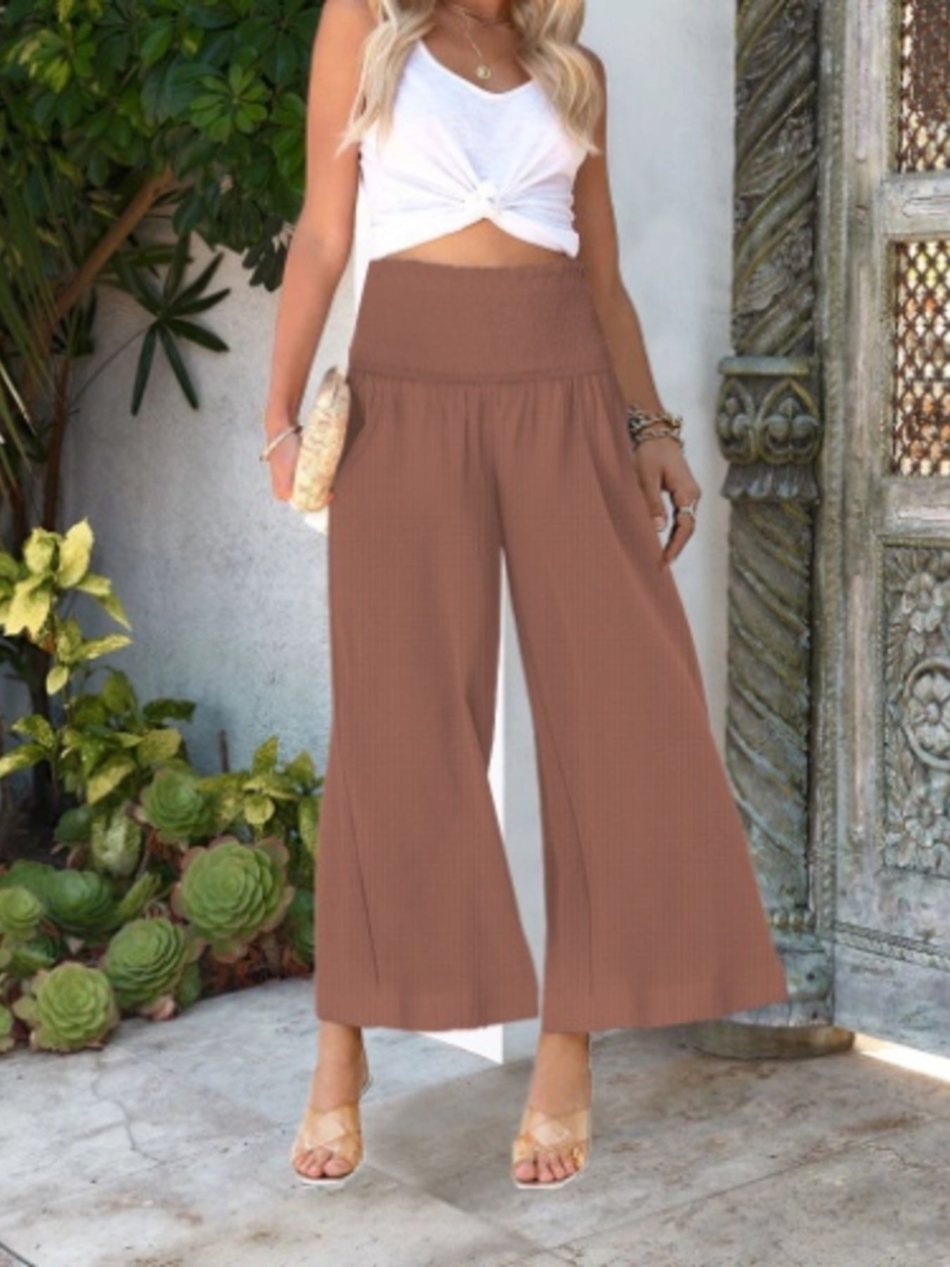 Wide-Leg Smocked Waist Pants