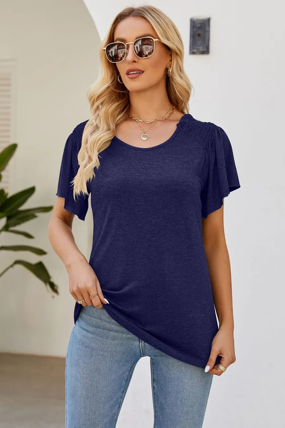 Smocked Round Neck Flutter Sleeve T-Shirt