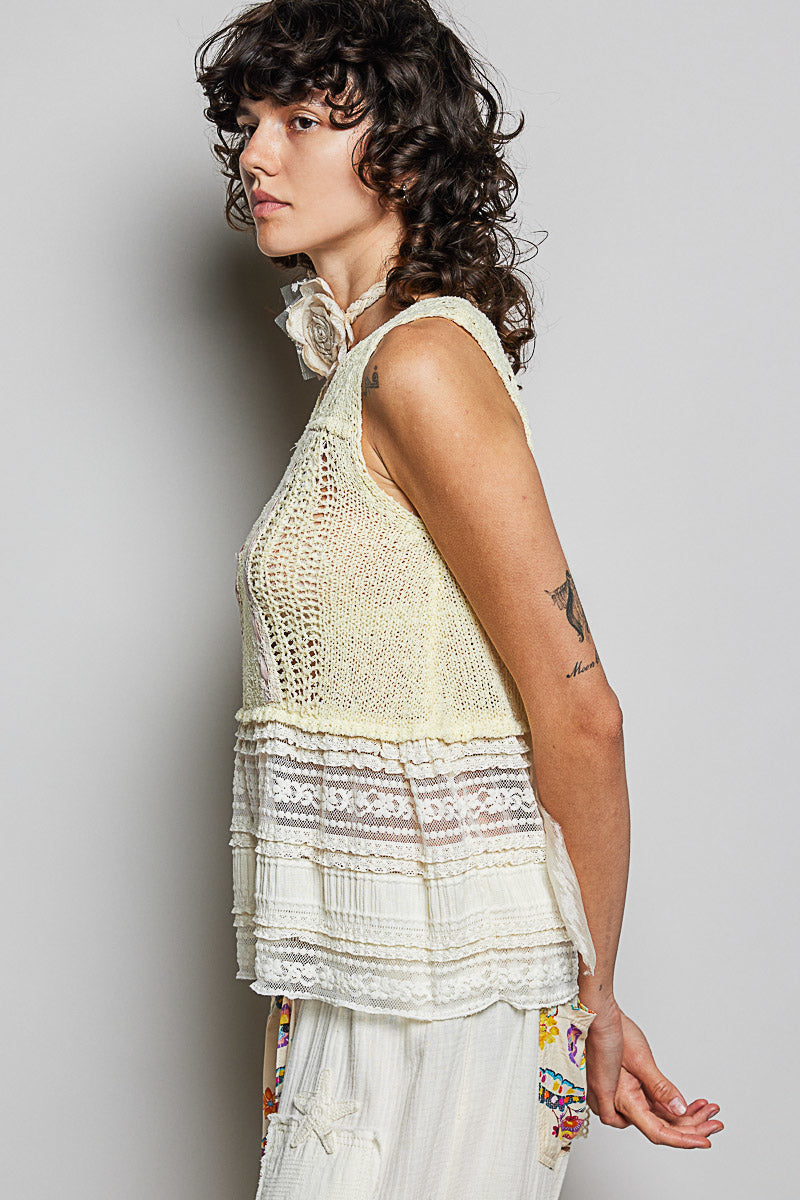 POL V-Neck Crochet Sweater Vest with Lace Trim