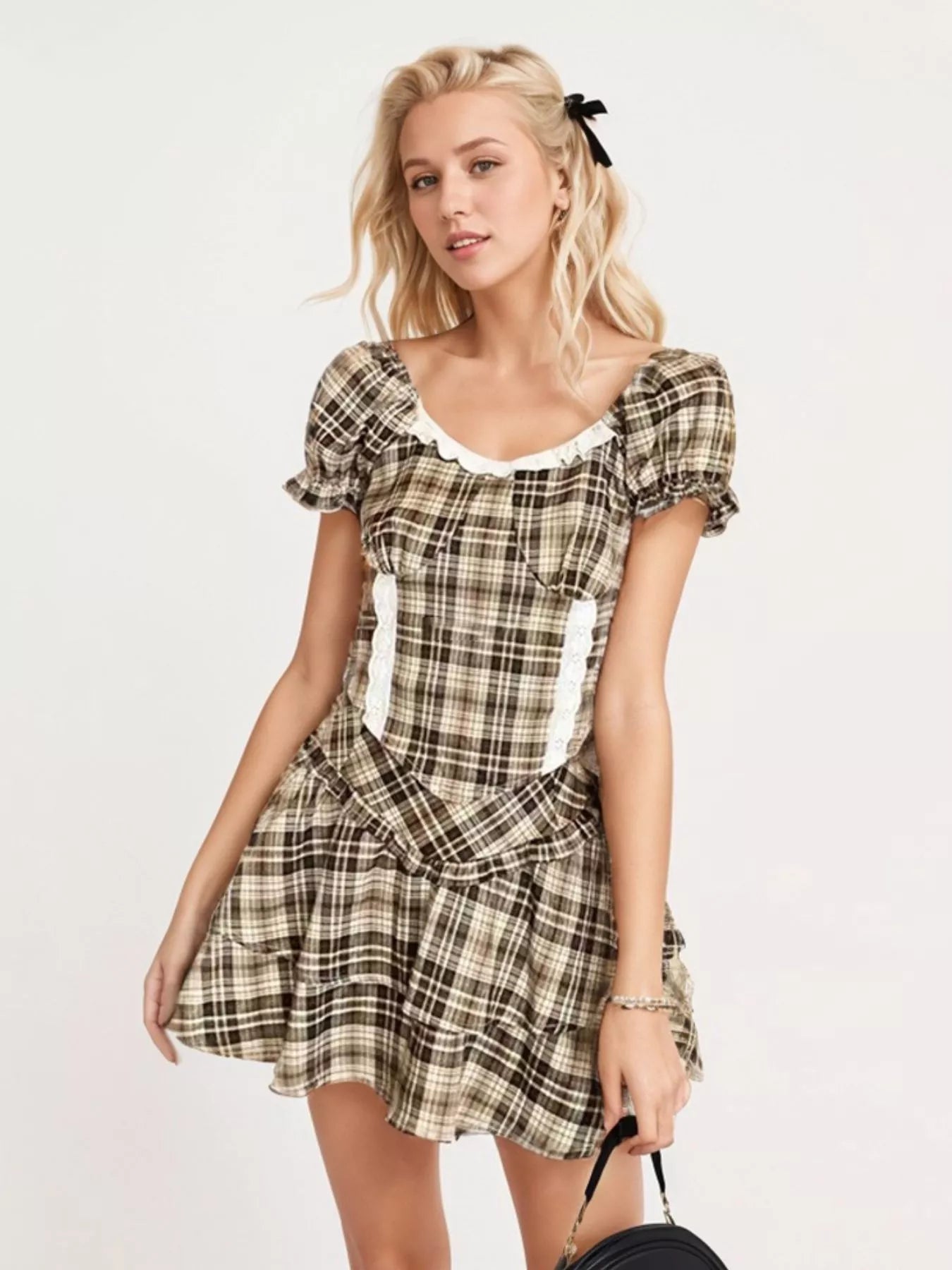 Plaid Puff Sleeve Top and Skirt Set