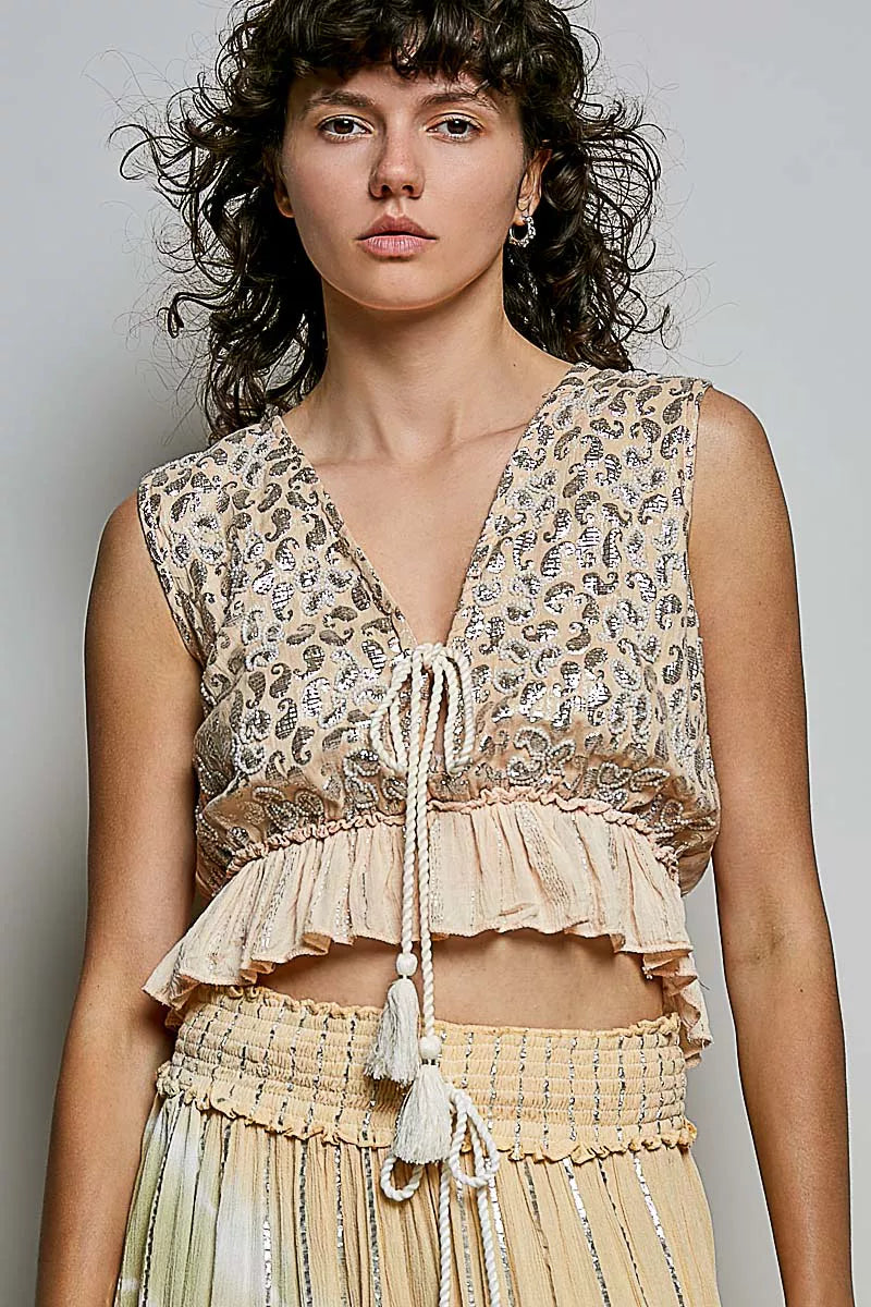 POL Shimmer Pattern Deep V Tie Front Tassel Ruffle Hem Sleeveless Crop Top