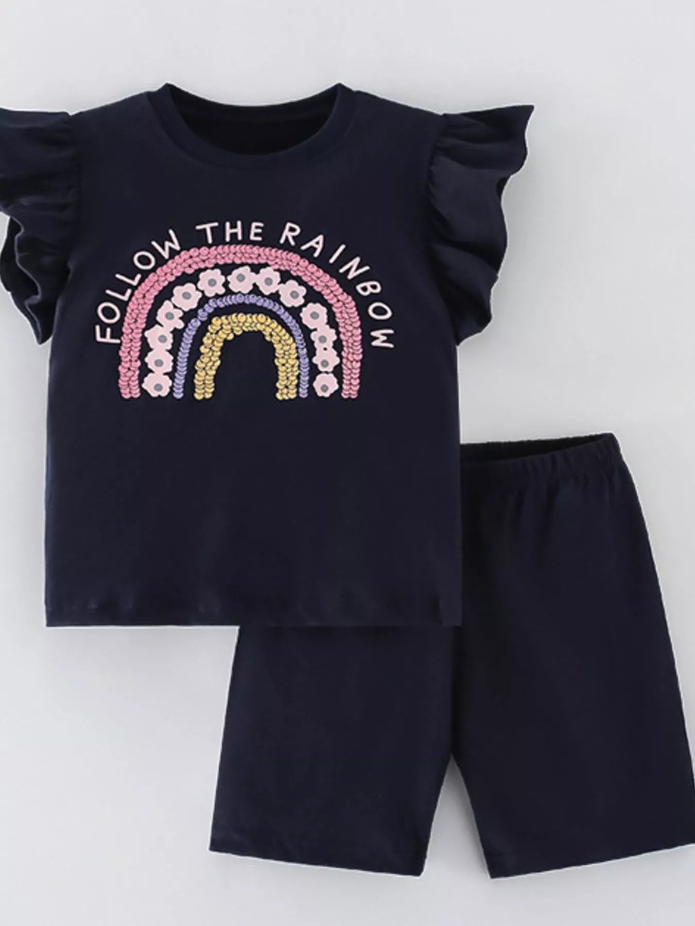 Children's Follow The Rainbow Ruffle Sleeve T-Shirt and Shorts Set