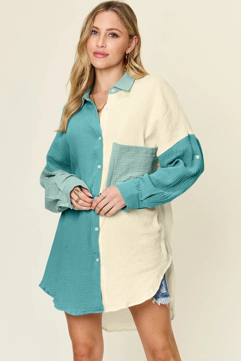 Double Take Full Size Pocketed Texture Button Up Shirt