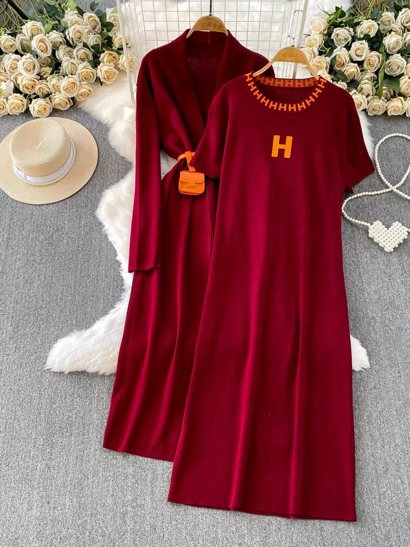 Round Neck Knitted Dress & Cardigan Set