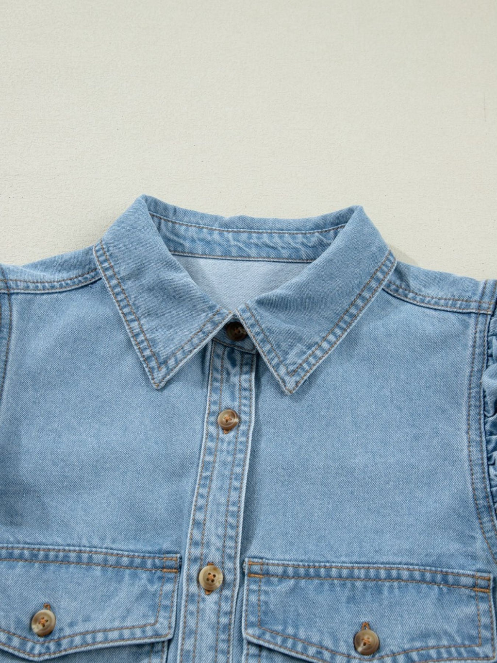 Ruffled Button-Down Denim Shirt