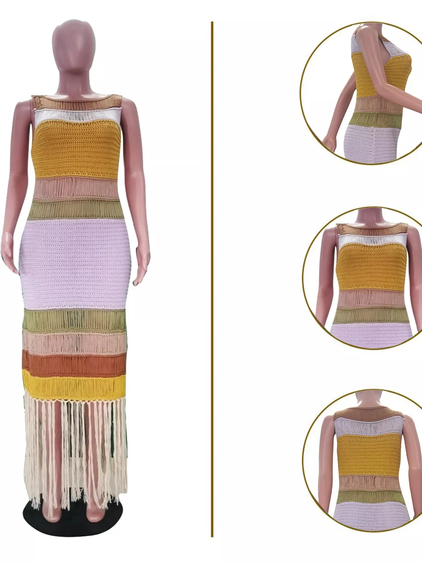 Fringe Crochet Knit Color Block Maxi Dress