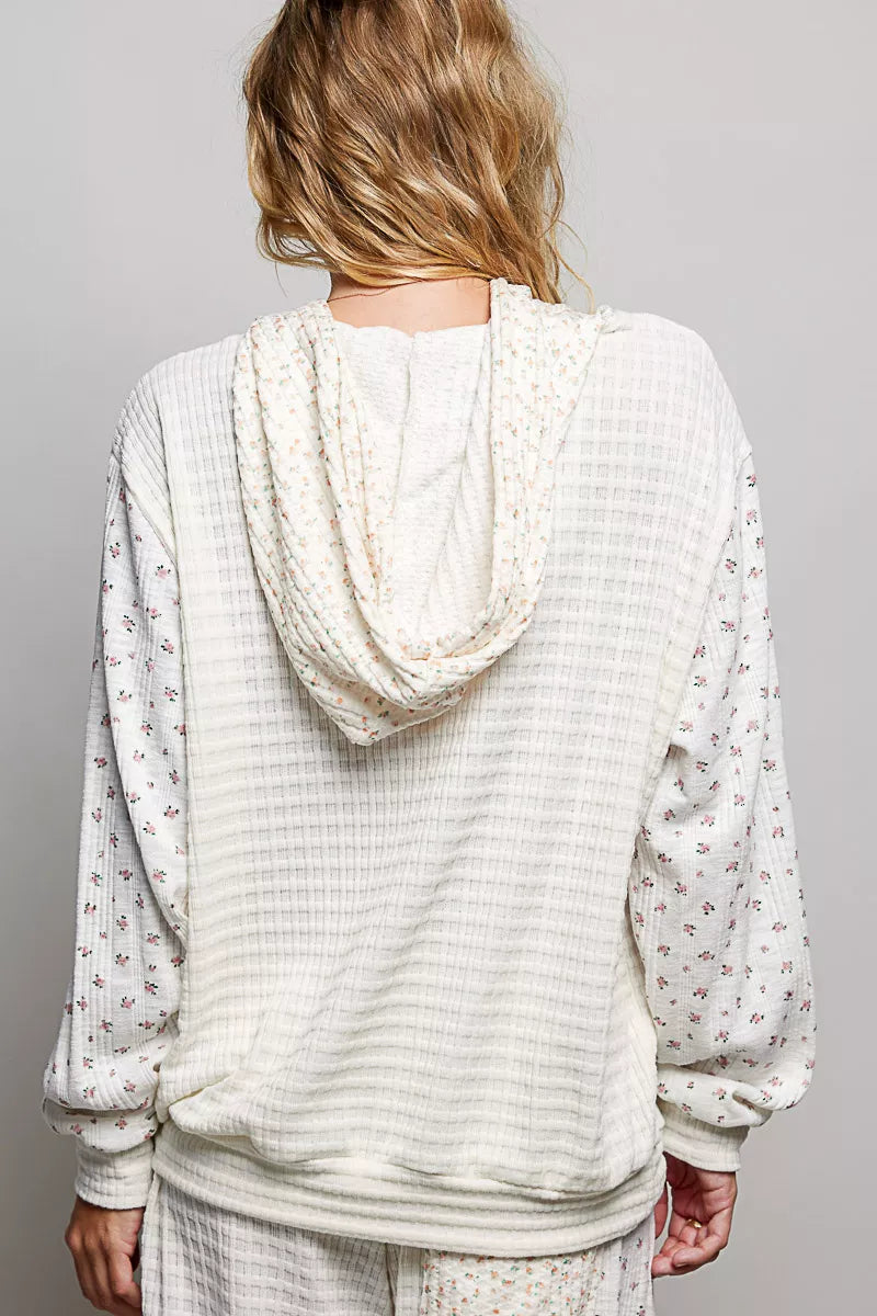 POL Mixed Knit Contrast Print Sleeve Hoodie with Kangaroo Pocket