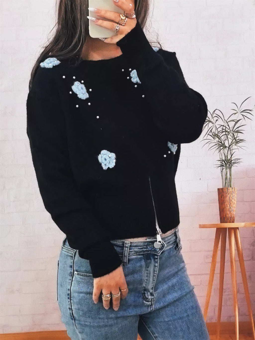 Flower Pearl Detail Ribbed Hem Sweater