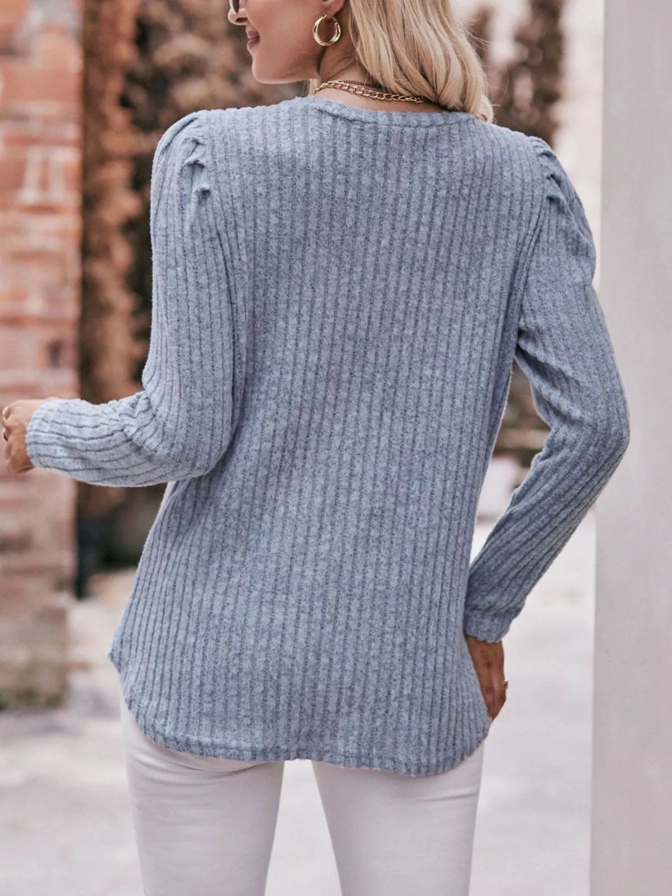 Ribbed Knit Puff Sleeve T-Shirt