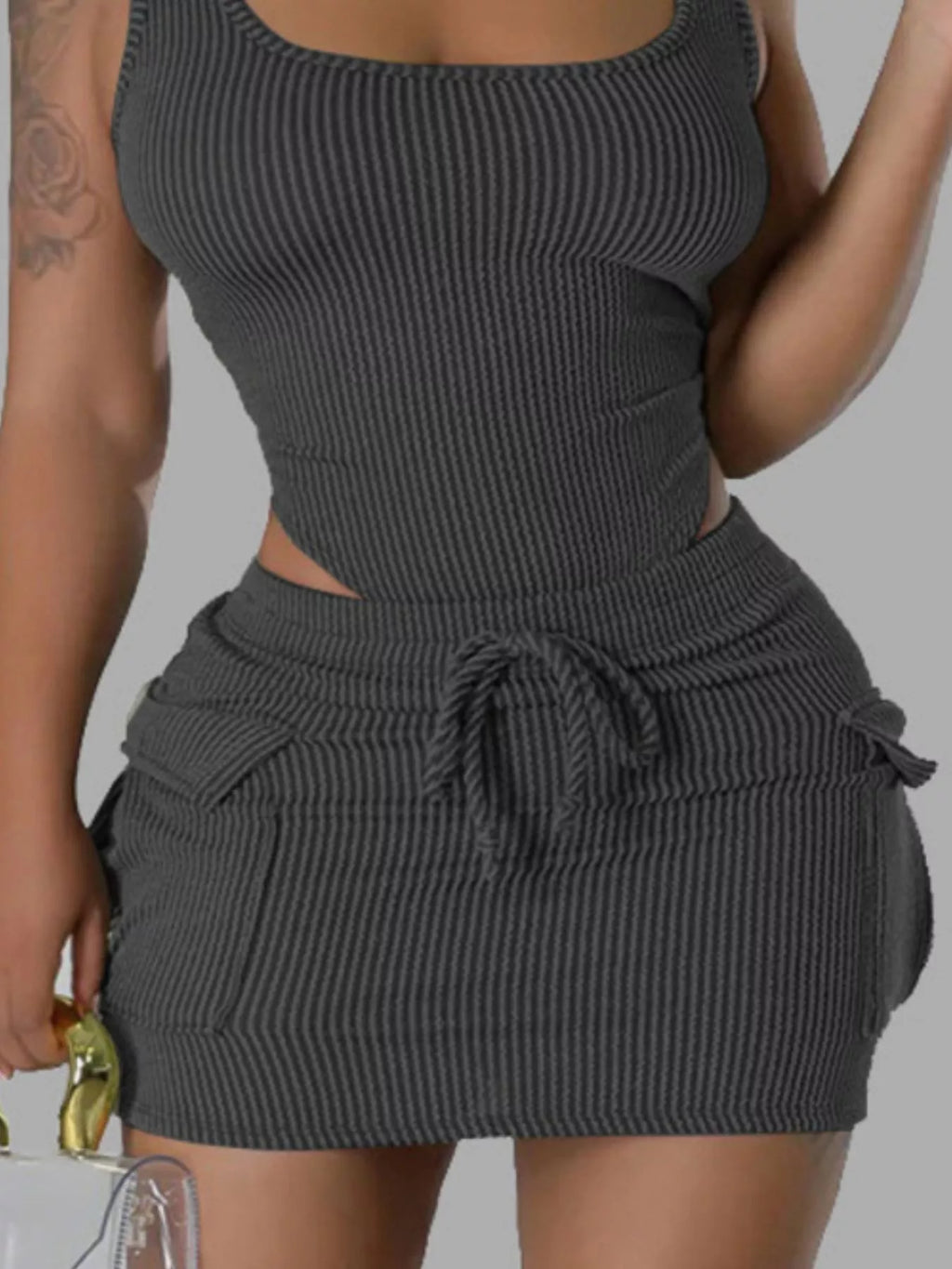 Ribbed Knit Bodysuit and Drawstring Skirt Set