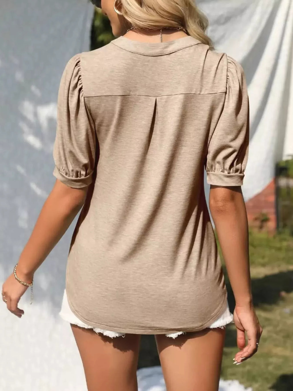 Puff Sleeve Notched Casual T-Shirt