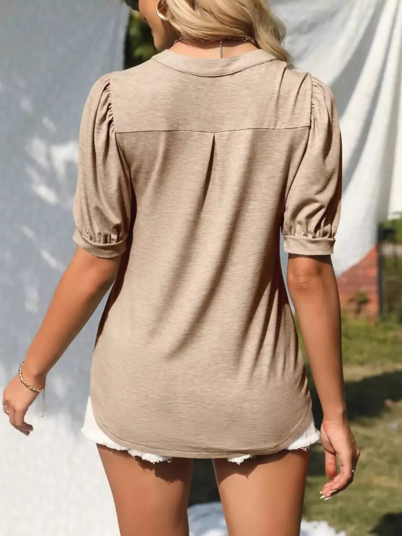 Puff Sleeve Notched Casual T-Shirt