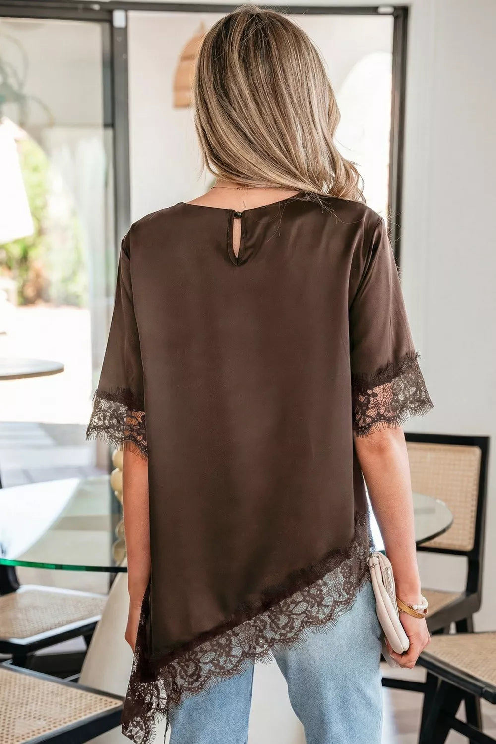 Asymmetric Lace Trim Short Sleeve Satin Top