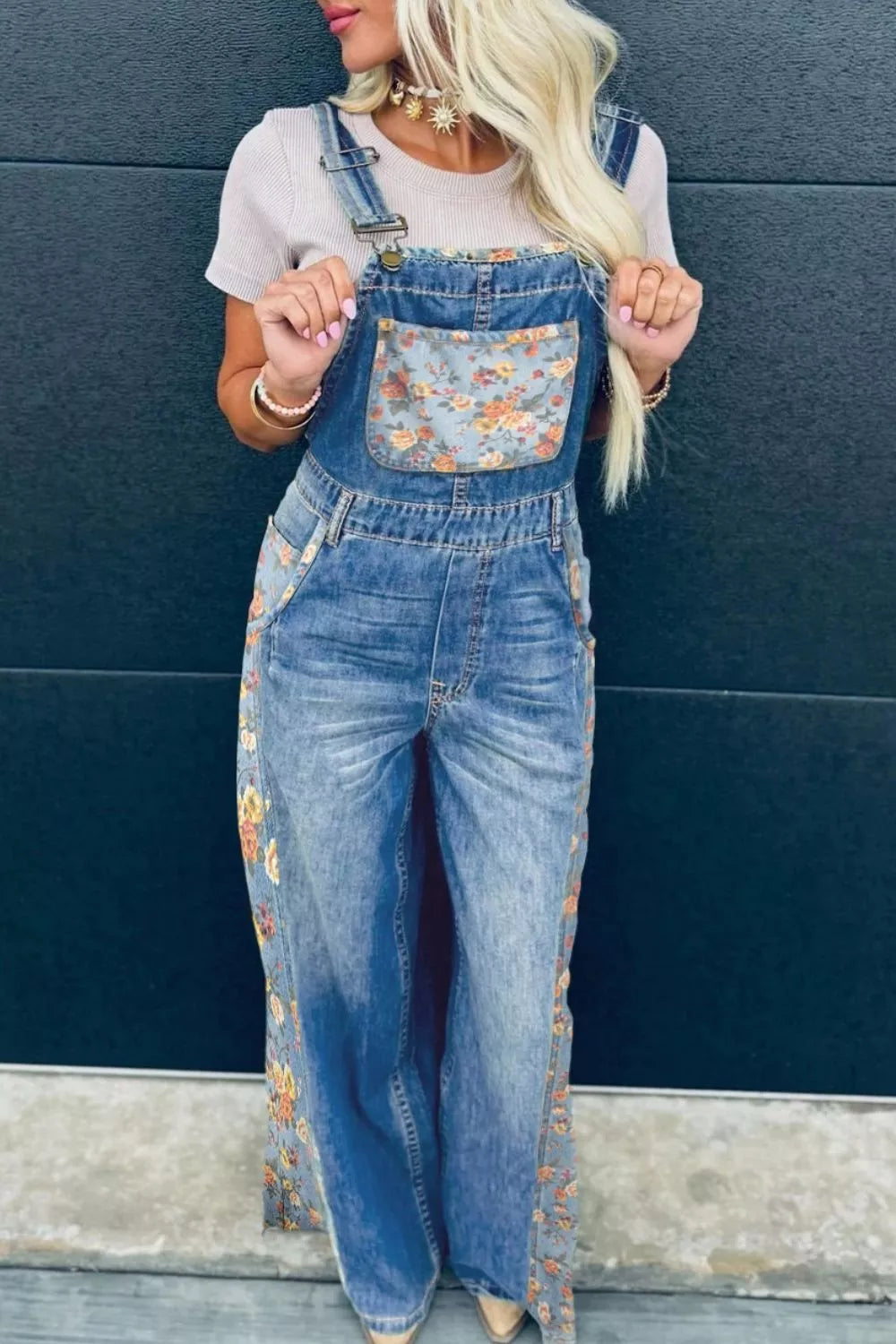Vintage Rose Printed Pleated Loose Denim Overall
