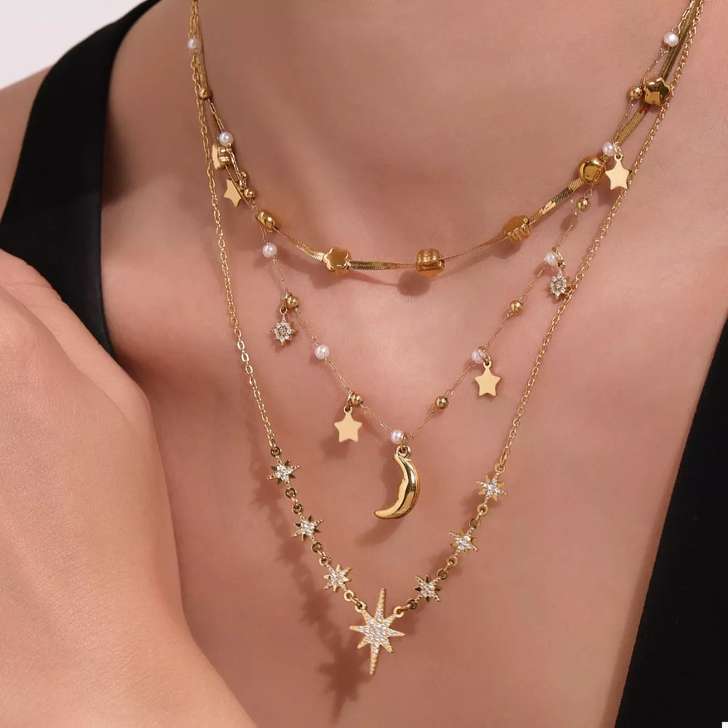 18K Gold-Plated Stainless Steel Zircon Star Moon Necklace