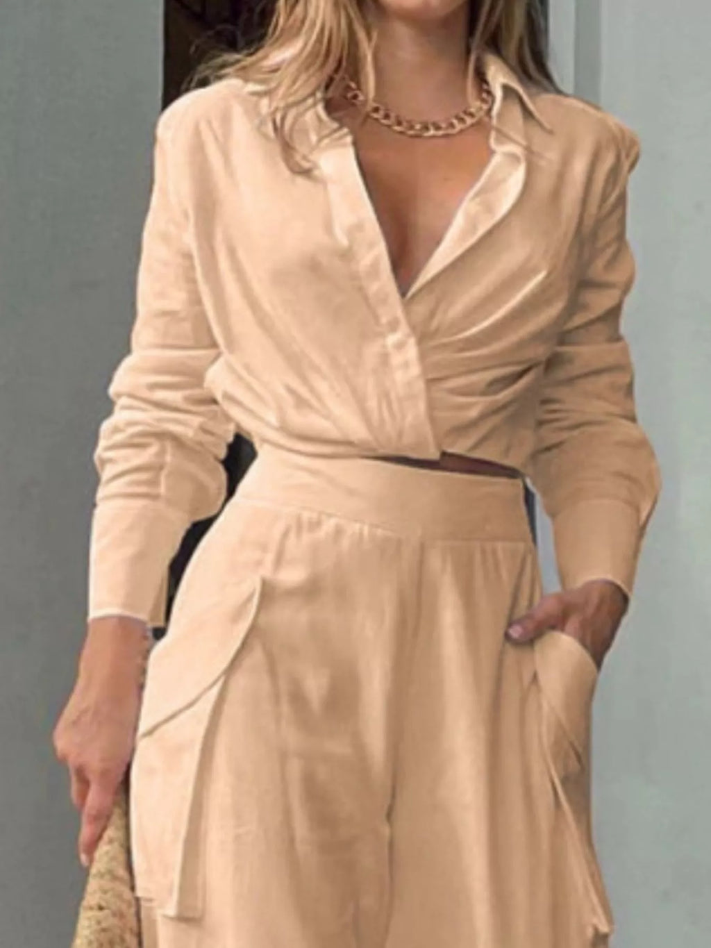 Long Sleeve Shirt and Wide Leg Pants Set