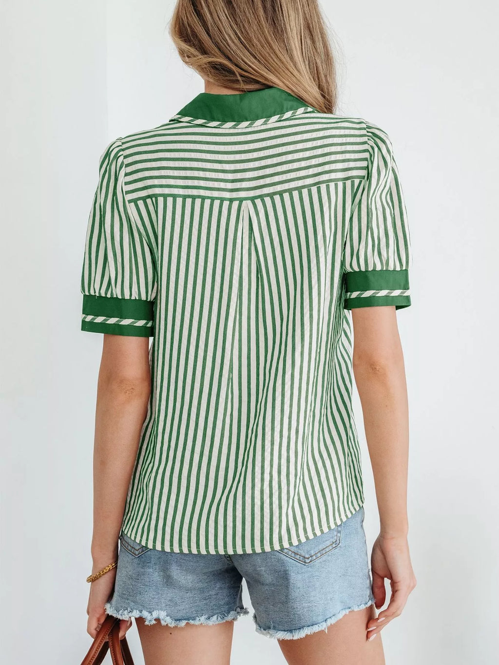 Stripe Collared Split Neck Short Bubble Sleeve Blouse
