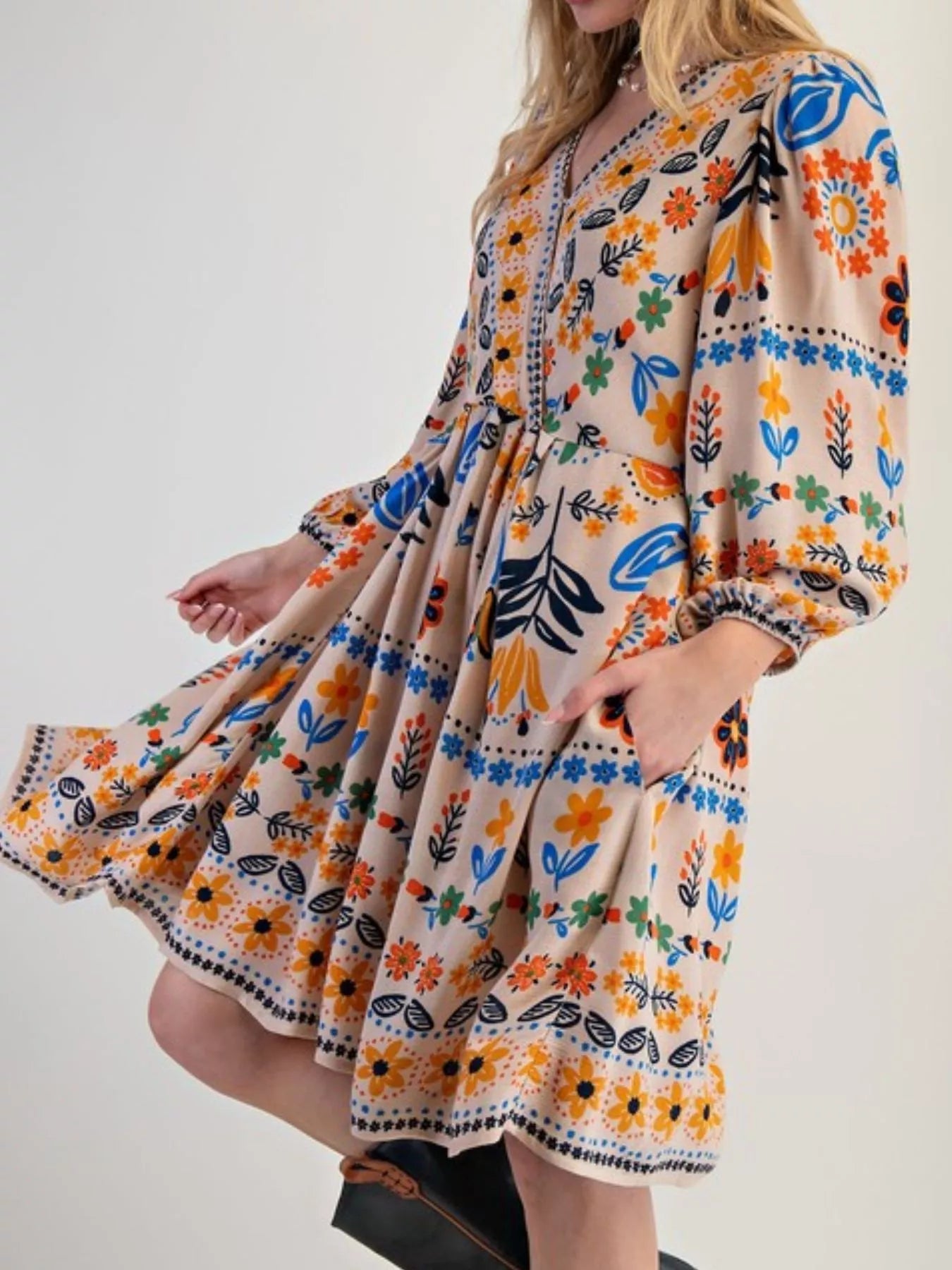Bohemian Floral Print Long Sleeve Mini Dress